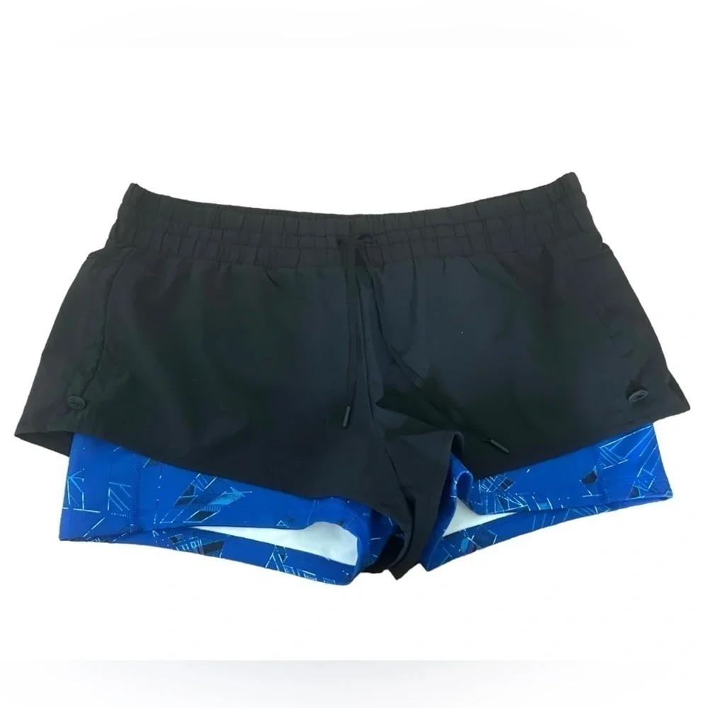 Zella 2 in 1 Layered Black with Blue Print Compression Athletic Shorts Size XL